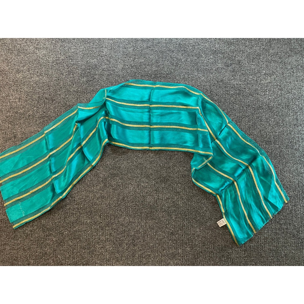 Oscar de la Renta Vintage Silk Scarf Teal Green Gold Metallic Stripe Japan